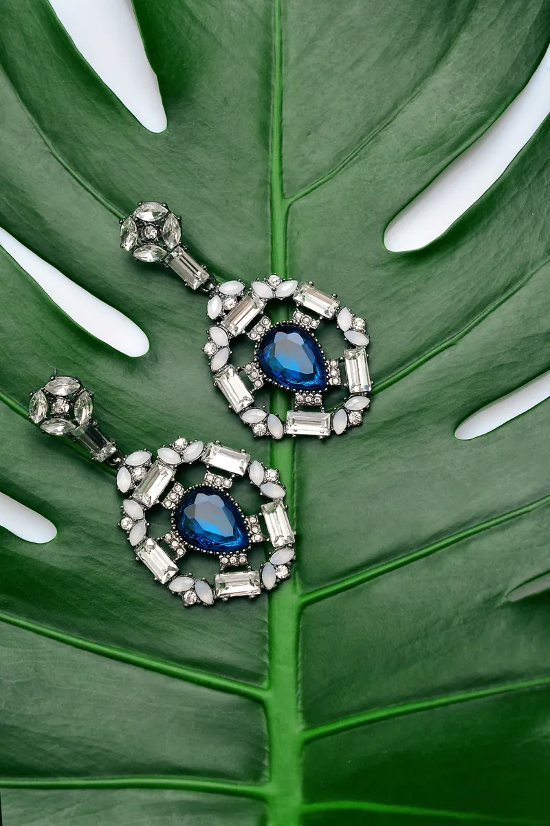 Blue stone and crystal drop earrings resting on a green leaf